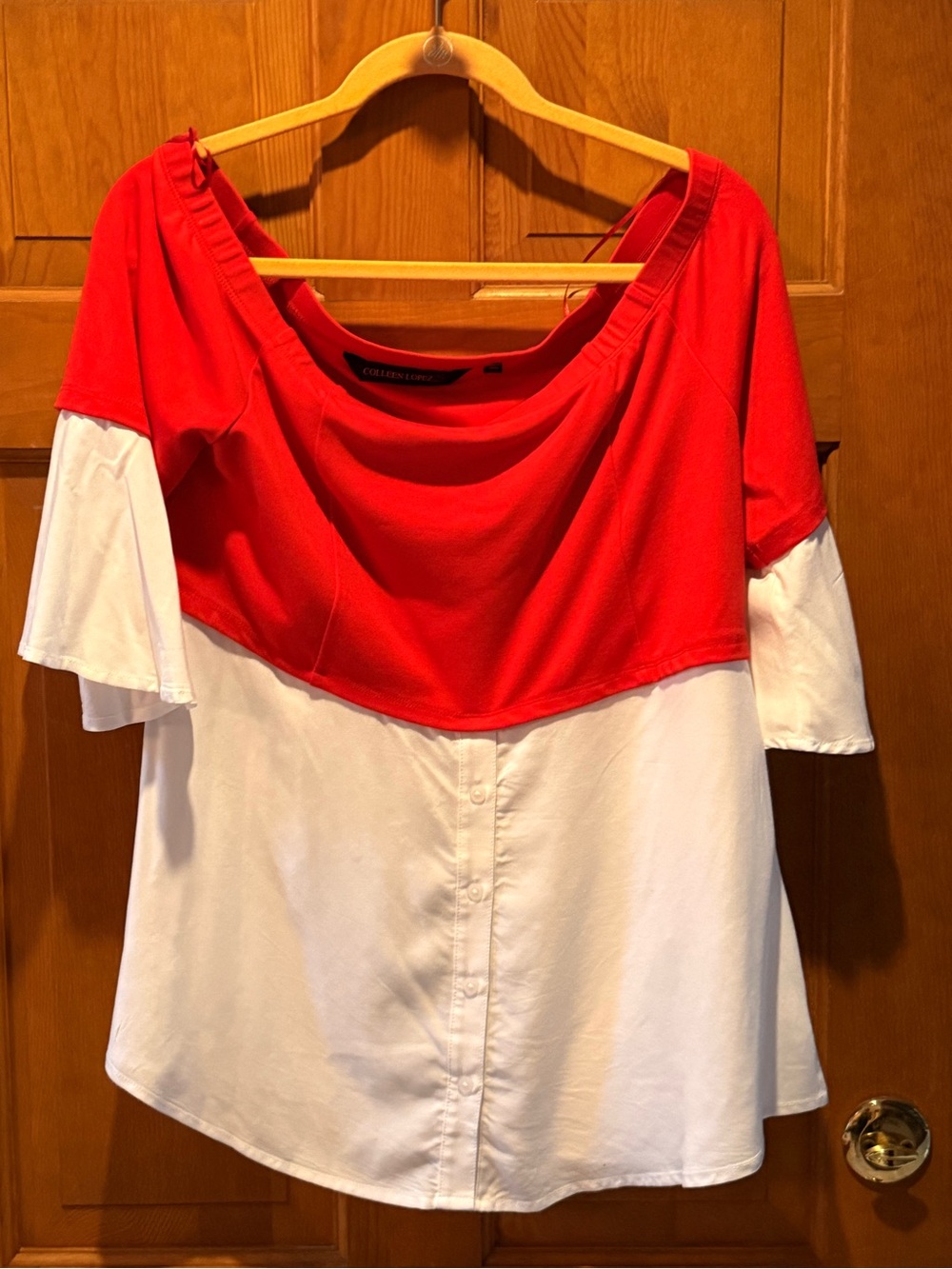 Colleen Lopez Red and White Off-Shoulder Layered Blouse